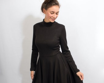 Dress "LUCY STRICK" black Cocktail dress Rockabilly Knee-length women's black dress Circle skirt Winter dress Knitted dress Wool dress Stand-up collar