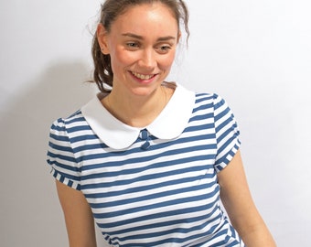 Shirt Honey "Streifen" maritim Poloshirt Bubikragen Damen Streifenmuster blau weiss gestreift  bezogenen Knöpfe