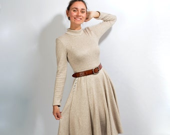 Dress "LUCY STRICK" beige cocktail dress rockabilly knee-length women's swing dance dress plate skirt winter dress melange stand-up collar knitted dress