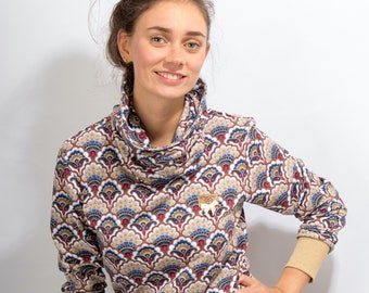 Sweater "LINA" Paisley beige high collar winter sweater ladies wide sweater colorful hoodie turtleneck sweat sweater patterned