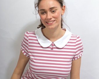 Shirt Honey "Streifen" maritim Poloshirt Bubikragen Damen Streifenmuster rosa weiss gestreift  bezogenen Knöpfe