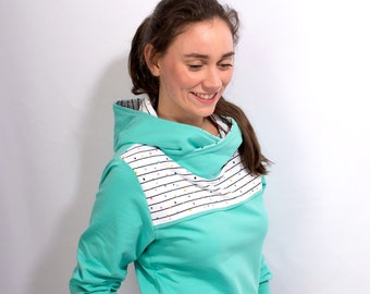 SALE! Gr. 36/38 Hoodie ENA CANDY ocean Hoody Damen Sweater türkis Pulli Tupfen weiss Streifen