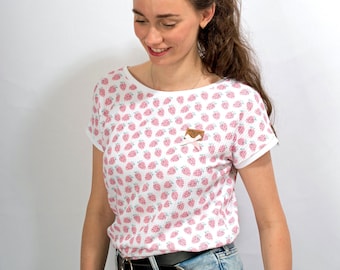 Shirt "Lory Piqué Erdbeere"  Kurzarmshirt Sommershirt  Damen Baumwollshirt Kastenshirt gerades Shirt weiss Erdbeeren