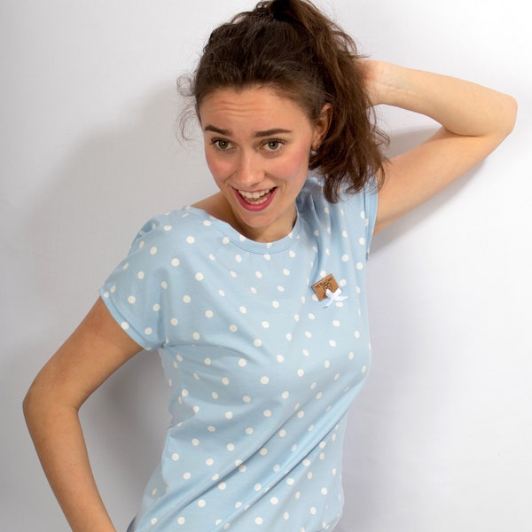 Shirt "Lory Dot hellblau"  Kurzarmshirt Sommershirt  Damen Polkadot  Baumwollshirt Kastenshirt