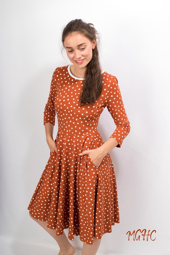 Buy Dress "lucy" Dot Rust Brown Circle Skirt Rockabilly Knee-length Dress  Ladies Winter Dress Three-quarter Sleeve Flowers Jersey Dress Polka Dot  Brown Online in India - Etsy