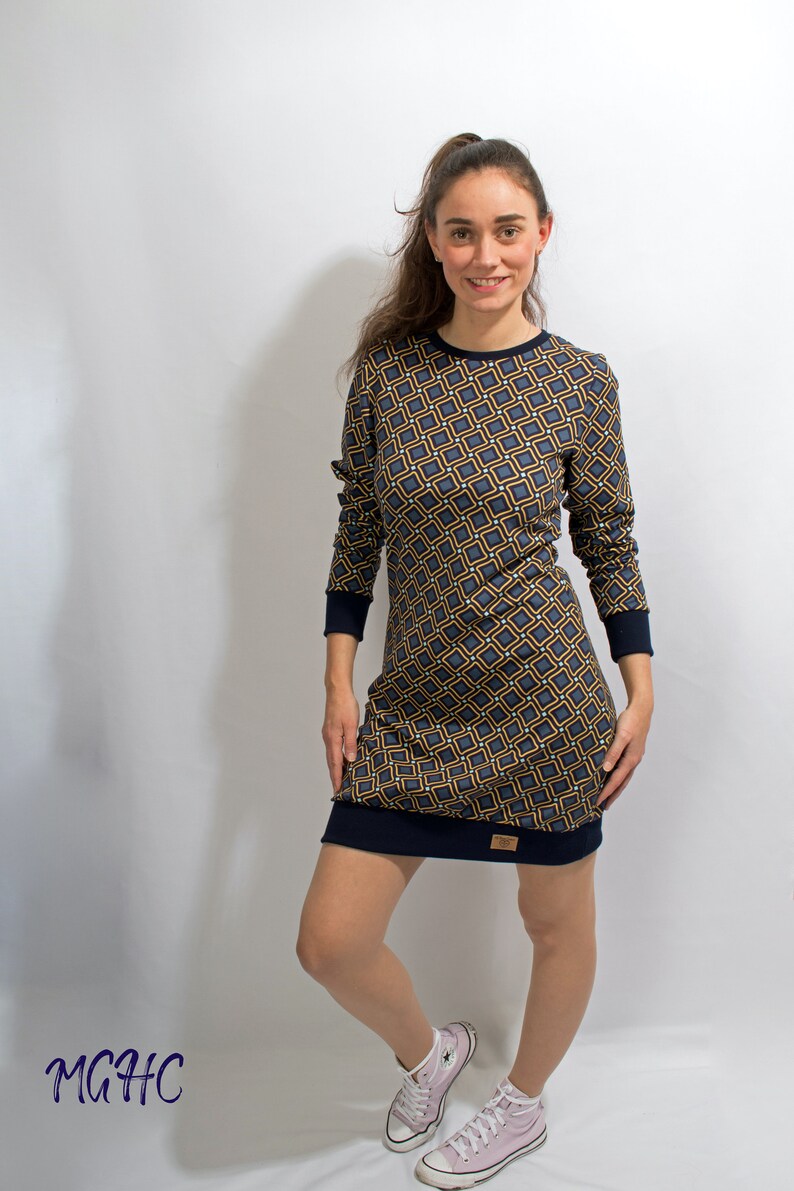 Last part size 36 Balloon dress Retro mini dress sweat dress balloon sweat dress navy maize round neck patterned retro pattern image 4