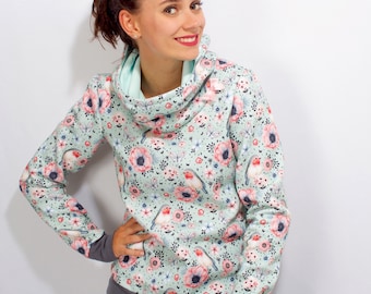 Hoodie Pygmy Vögel mint grau mit Blumen und Schmetterlingen Pulli bird Sweat Winterpulli Flower