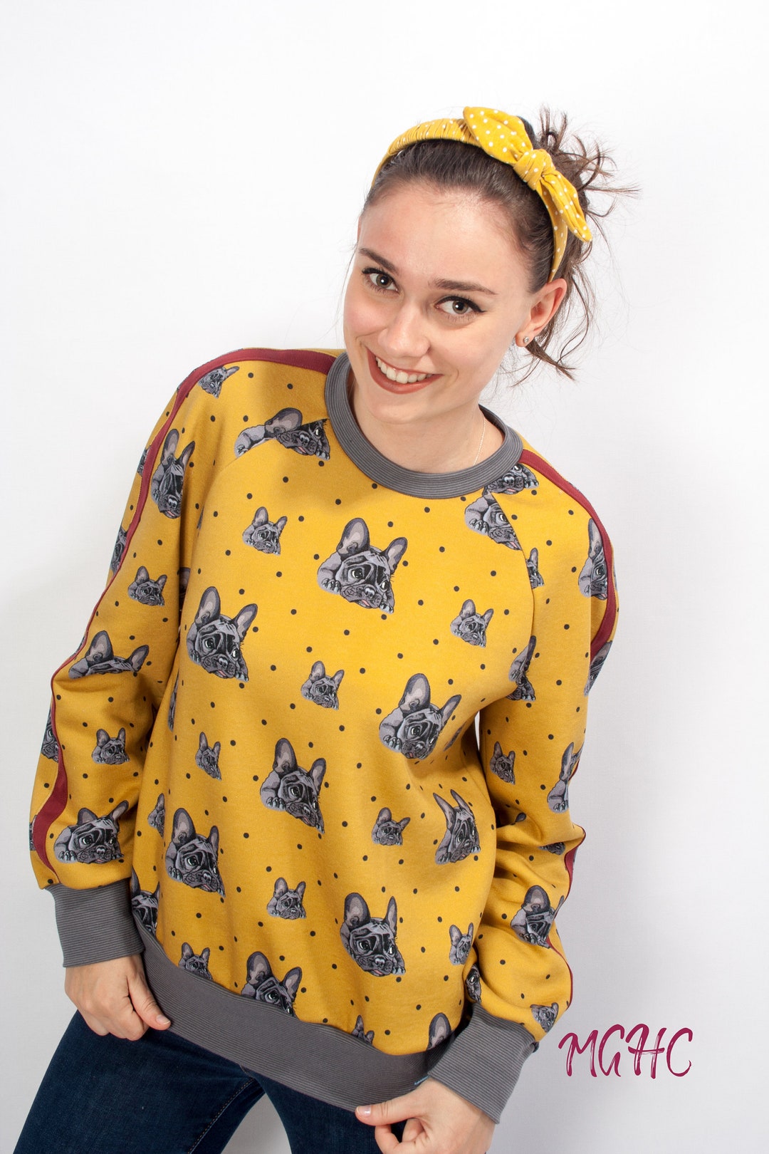 Pulli Ragi Raglanpulli Französische Bulldogge gelb Senf Sweater