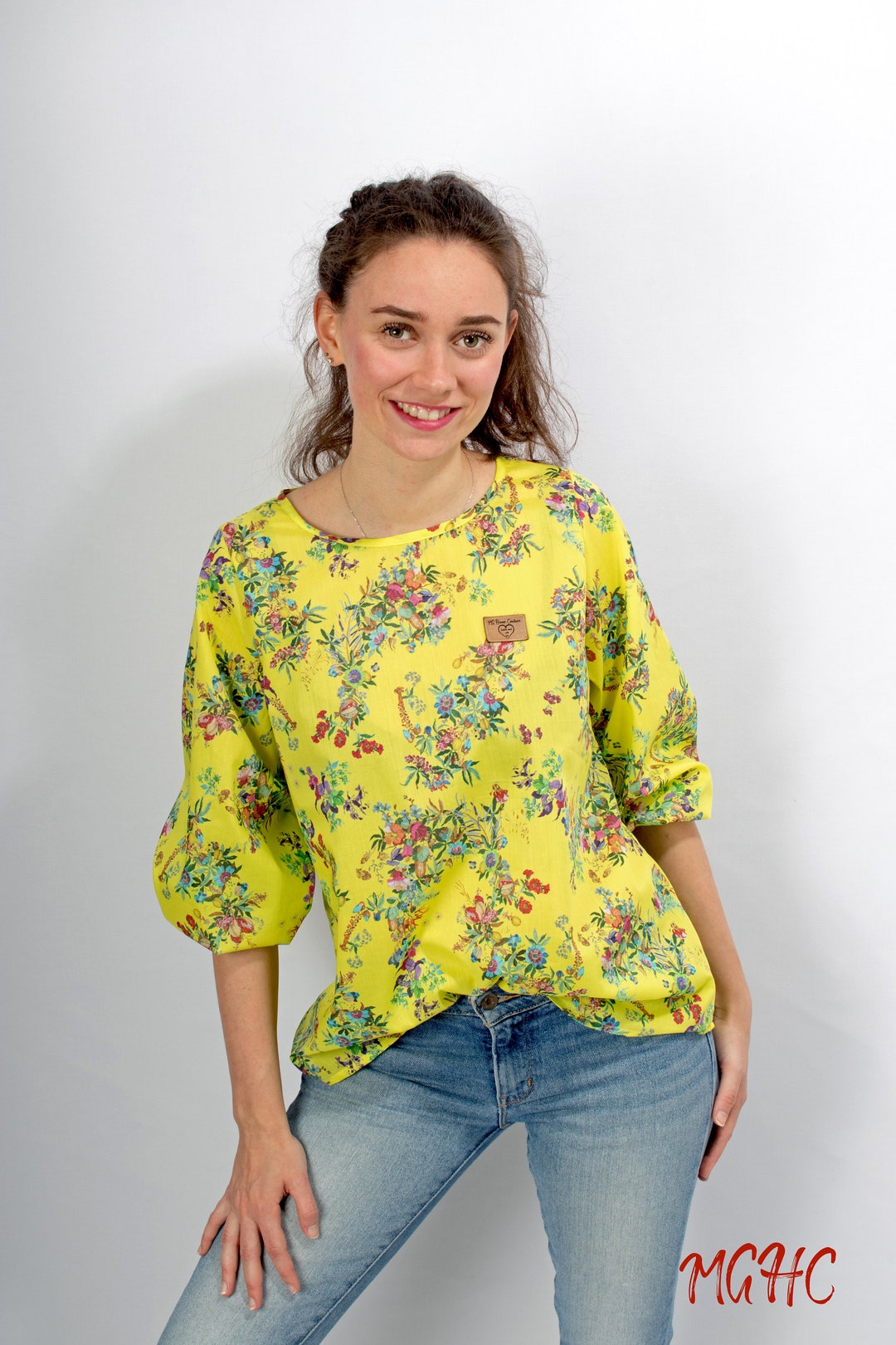 Damen Bluse mit Blumenmuster – Roll-Tab Ärmel & Button-Up Oberteil