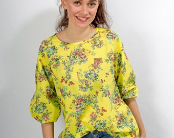 Bluse Elli geblümt Ballonärmel 03 Damenbluse Tunika Blumenmuster weite Ärmel Puffärmel Baumwollbluse