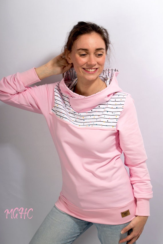 Hoodie ENA CANDY pink hoody ladies sweater pastel pullover dots white  stripes
