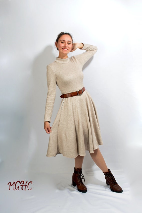 Kleid "LUCY STRICK" beige Cocktailkleid Rockabilly Knielang Damen swing Tanzkleid Tellerrock Winterkleid Melange Stehkragen Strickkleid