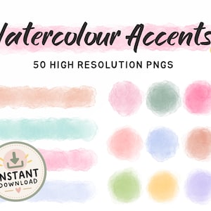 Puede incluir: Una colección digital de 50 archivos PNG de alta resolución titulada Watercolour Accents 2, que presenta varios trazos de pincel horizontales y manchas circulares de acuarela en una paleta diversa de colores pastel y tonos vibrantes.