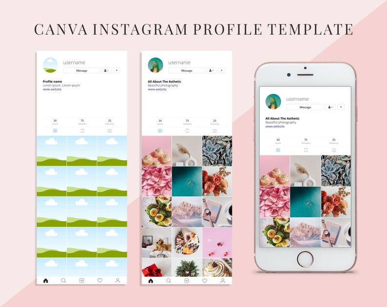 May include: A mockup of an Instagram profile page with a grid of 18 images. The profile picture is a cartoon of a person with green hair. The profile name is "All About The Aesthetic" and the bio says "Beautiful photography". The grid of images includes photos of flowers, succulents, cupcakes, and other aesthetically pleasing objects.