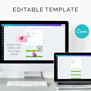 May include: A computer screen displaying a Canva template with the text "Drag & drop photos into the image frames". The template has a pink flower, a white flower, and a pink flower in the image frames. The Canva logo is in the upper right corner of the screen.