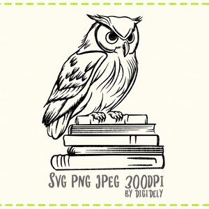 Cyfrowe — Sowa i książki — Ilustracja w formatach SVG, PNG, JPEG (do wydruków, kolaży, szkiców tatuaży, kolorowanek)