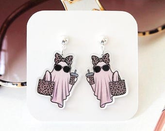 Boo Jee Ghost Cheetah Print Earrings: Girly Ghost Leopard Print Preppy Halloween Earrings, Ghost Jewelry