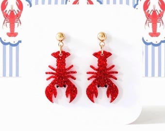 Lobster Earrings: Red Glitter Lobster Summer Earrings, Crawfish Earrings, Beach Earrings, Clambake Earrings, Vacation Jewelry