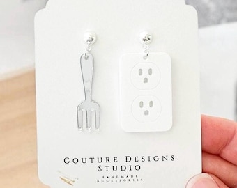 Fork and Outlet Earrings: Quirky Acrylic Jewelry, Mismatched Outlet and Fork Earrings, Funny Earrings, Weird Earrings