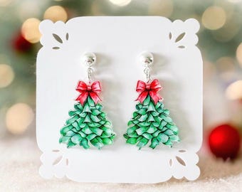 Christmas Tree Earrings | Red Bow Topped Christmas Tree Earrings | Holiday Earrings | Christmas Earrings