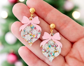 Christmas Ornament Earrings | Snowflake Ornament Christmas Earrings | Glitter Holiday Earrings | Pastel Christmas Ornament Earring