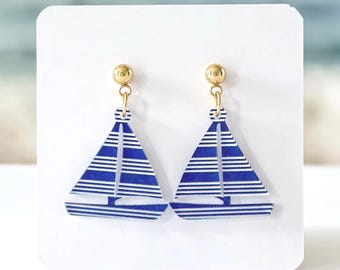 Sailboat Earrings: Navy Blue and White Stripe Sailboat Acrylic Summer Earrings, Sailing Earrings, Beach Earrings, Vacation Jewelry