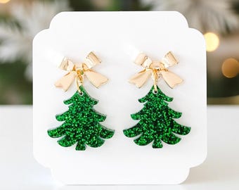 Mini Christmas Tree Earrings: Green Glitter Christmas Tree Earrings, Holiday Earrings, Tree Dangle Earrings, Christmas Earrings