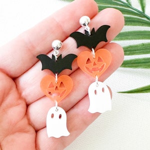 Spooky Trio Halloween Earrings | Bat Pumpkin and Ghost Earrings | Jack-O-Lantern Pumpkin Earrings | Halloween Bat Earrings
