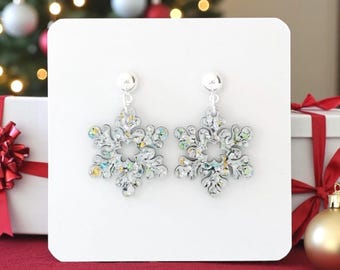 Christmas Snowflake Earrings: Glitter Snowflake Holiday Earrings, Winter Snowflake Christmas Earrings, Snowflake Earrings