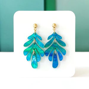 Turquoise Pearl Hinged Leaf Earrings: Ocean Blue Green Stacked Leaf Tropical Earrings, Blue Green Acrylic Summer Earrings