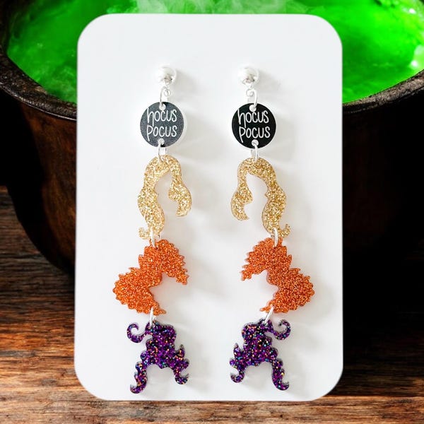 Hocus Pocus Halloween Earrings | Sanderson Sisters Earrings | witch Hair Earrings | Glitter Witch Hair Acrylic Halloween Earrings