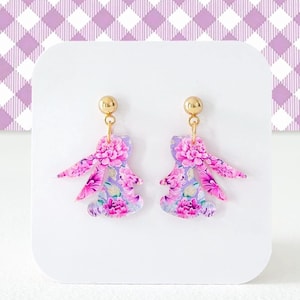 Easter Bunny Earrings: Purple Floral Rabbit Earrings, Lilac Flower Pattern Print Bunny Acrylic Earrings, Easter Jewelry