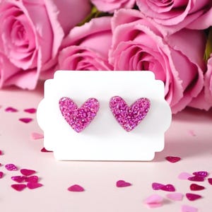 Glitter Heart Studs: Valentine's Day Raspberry Iridescent Glitter Heart Earrings , Hot Pink Valentine Earrings, Tiny Heart Stud Earrings