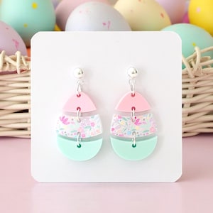 Easter Egg Earrings: Pastel Floral Easter Earrings, Pink and Aqua Stacked Egg Acrylic Easter Earrings