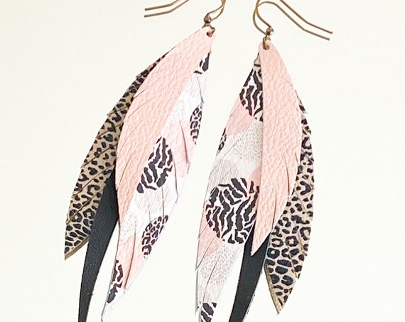 Nude Pink Leather Feather Earrings - Fringed Leather Feather Earrings - Cheetah Leather Earrings - Pink Leopard Feather Earrings