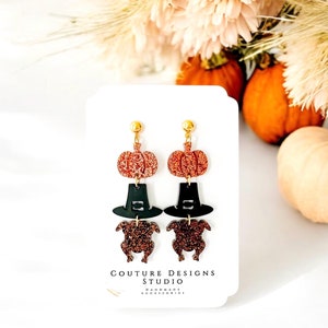 Thanksgiving Pumpkin, Pilgrim Hat and Turkey Stacked Acrylic Earrings