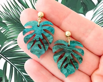 Monstera Leaf Earrings: Emerald Green Monstera Summer Earrings, Palm Leaf Earrings, Tropical Earrings,  Vacation Jewelry