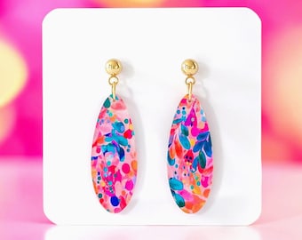 Vibrant Summer Bar Earrings: Colorful Abstract Floral Skinny Teardrop Earrings, Bright Pink Acrylic Dangle Earrings, Summer Jewelry