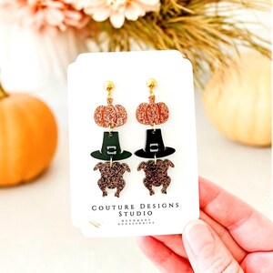 Thanksgiving Pumpkin, Pilgrim Hat and Turkey Stacked Acrylic Earrings