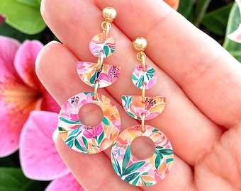 Tropical Floral Geometric Earrings:  Vibrant Floral Summer Earrings, Petite Geometric Tropical Earrings, Vacation Jewelry