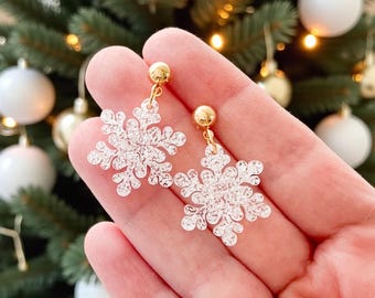 White Snowflake Earrings: White Glitter Snowflake Earrings, Mini Snowflake Winter Earrings, Holiday Earrings, Christmas Earrings