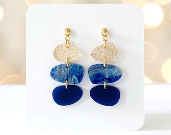 Abstract Pebble Earrings: Navy Blue and Gold Abstract Earrings, Lavender and Gold Marble Stacking Stone Earrings, Minimalist Earrings