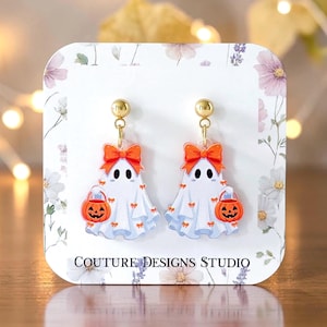 Trick or Treat Ghost Earrings: Orange Bow Ghost with Pumpkin Halloween Earrings, Halloween Jewelry