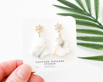 White Marble Tree Earrings | Pinkmas Christmas Tree Earrings | Holiday Tree Stud Earrings |  Snowflake Holiday Earrings