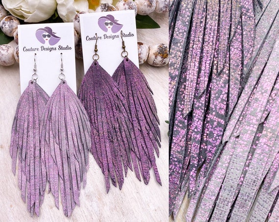 Shimmer Leather Feather Earrings - Leather Feather Earrings, Leather Fringe Earrings, Genuine Leather Earrings, Boho Leather Earrings, 5.5”