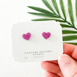 Glitter Heart Studs | Valentine&#39;s Day Raspberry Iridescent Glitter Heart Earrings | Hot Pink Valentine Earrings | Tiny Heart Stud Earrings