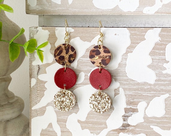 Safari Circle Leather Earrings - Genuine Leather Earrings, Leopard Earrings, Boho Earrings, Gold Glitter Earrings, Cheetah Earrings