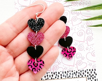 Hot Pink Leopard Heart Earrings | Pink and Black Heart Valentines Earrings | Wild Heart Glitter Earrings | Valentine’s Day Earrings