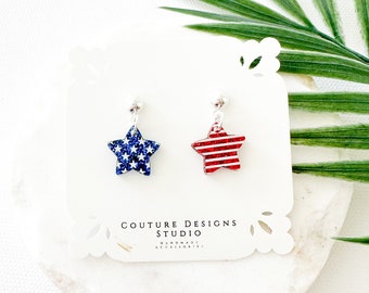 American Flag Glitter Star Earrings | Mini Stars and Stripes 4th of July Earrings | Fourth of July Star Ball Post Earrings