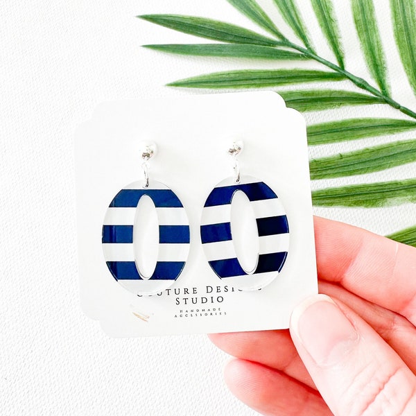 Navy Striped Oval Hoop Earrings | Blue and White Stripe Nautical Earrings | Preppy Summer Earrings | Striped Vacation Earrings